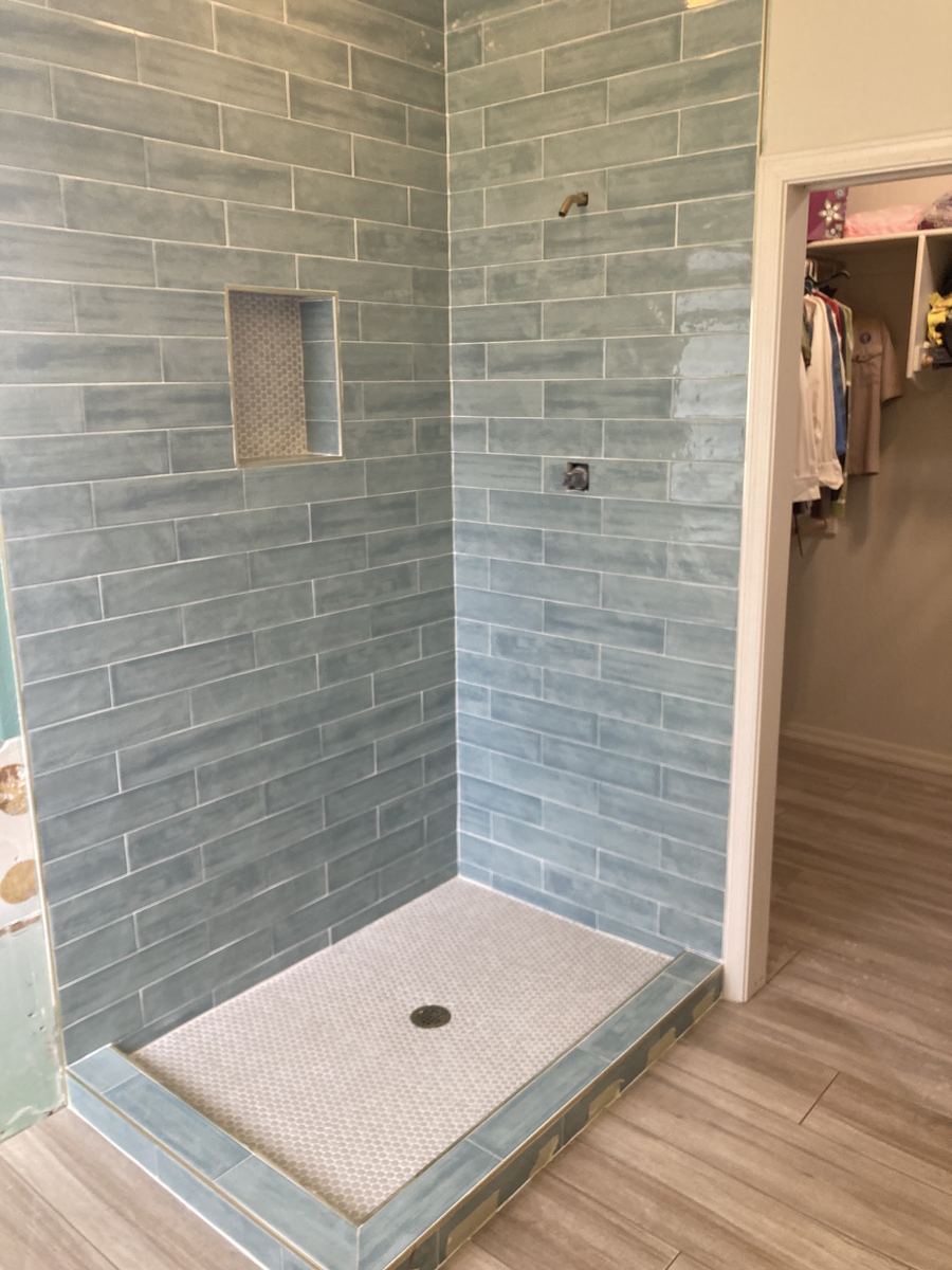 Sea glass subway tile shower