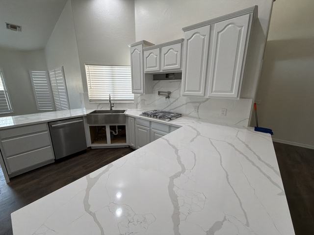 Quartz countertop with waterfall edge