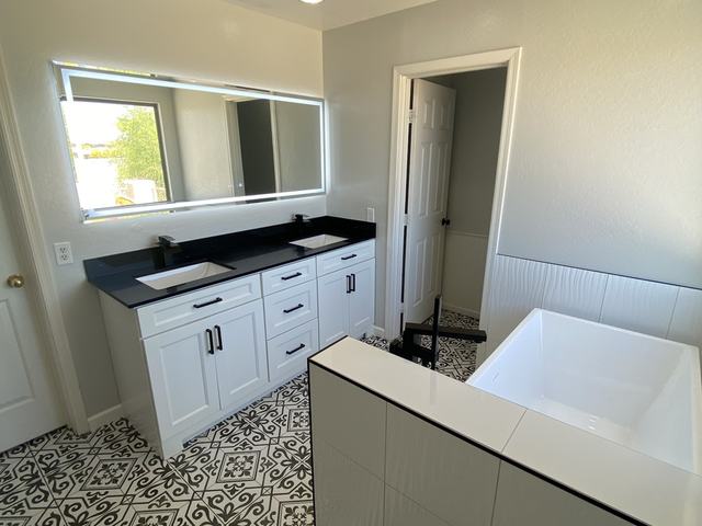 Patterned floor tile in a bathroom remodel