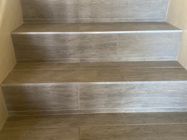 Wood look tile stairs